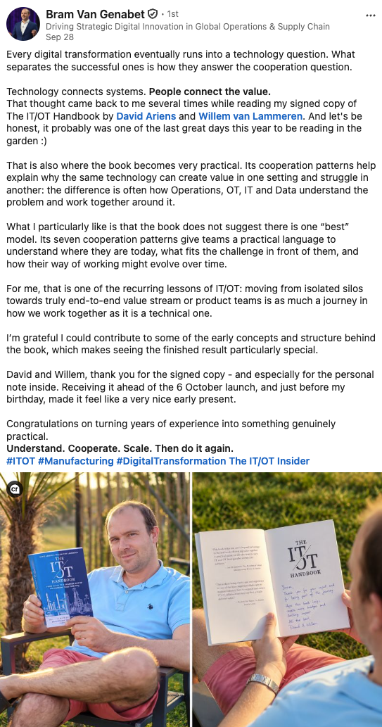 LinkedIn post from Bram Van Genabet: "Technology connects systems. People connect the value." He praises the seven cooperation patterns for giving teams a practical language, and shows his signed copy of The IT/OT Handbook.