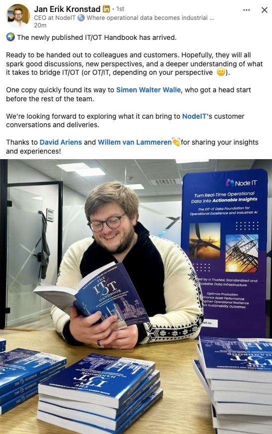 LinkedIn post from Jan Erik Kronstad, CEO at NodeIT: "The newly published IT/OT Handbook has arrived. Ready to be handed out to colleagues and customers." A colleague reads the book next to stacks of copies.