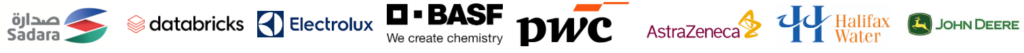 Logos of Sadara, Databricks, Electrolux, BASF, PwC, AstraZeneca, Halifax Water and John Deere