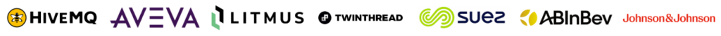 Logos of HiveMQ, AVEVA, Litmus, Twinthread, SUEZ, AB InBev and Johnson & Johnson